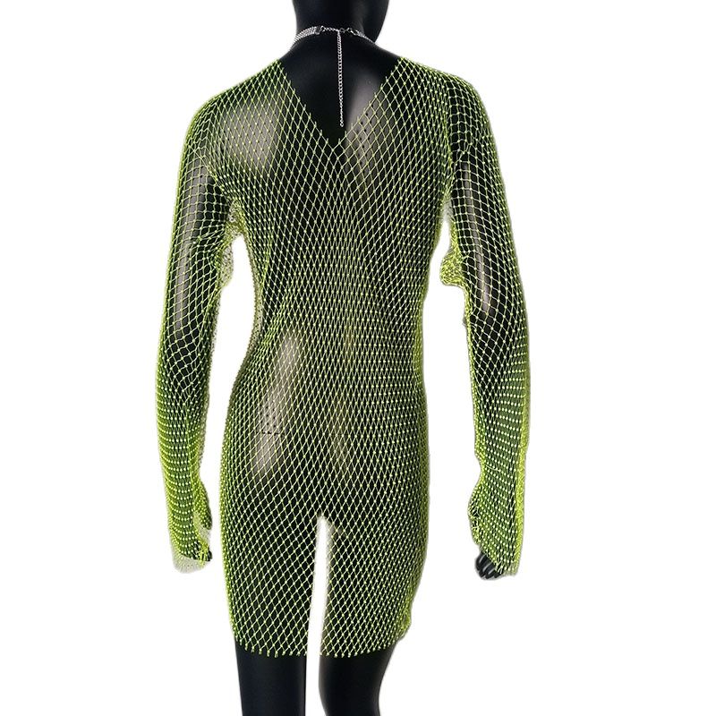 Bling Rhinestones Fishnet Mini Dress  Long Sleeve Crystal Dress Mssaz Desses