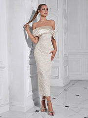 Slash Neck Embossed Flower Beige Dress Mssaz Desses