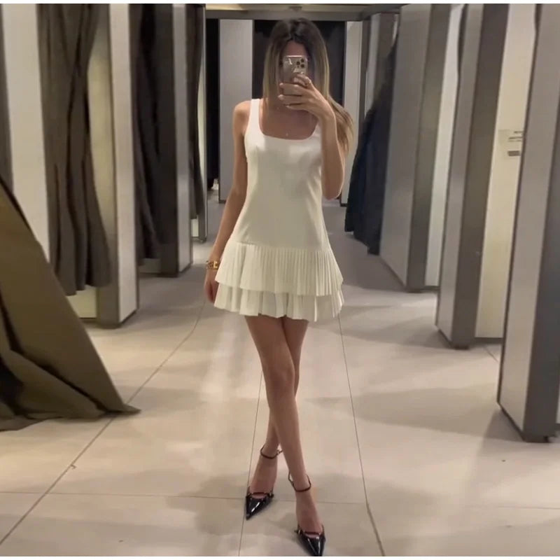 Square Collar Sleeveless Pleated Short Dress Mssaz Desses