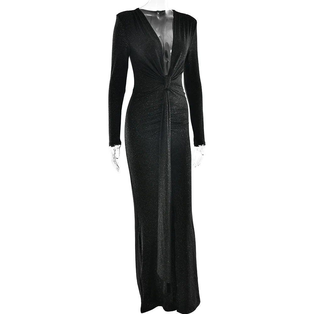 Elastic Deep V-Fold Lace Maxi Dress Mssaz Desses