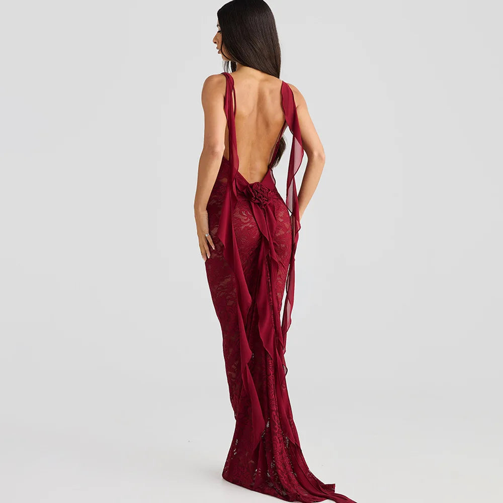 Lace Patchwork Backless Trailing Long Dress Mssaz Desses