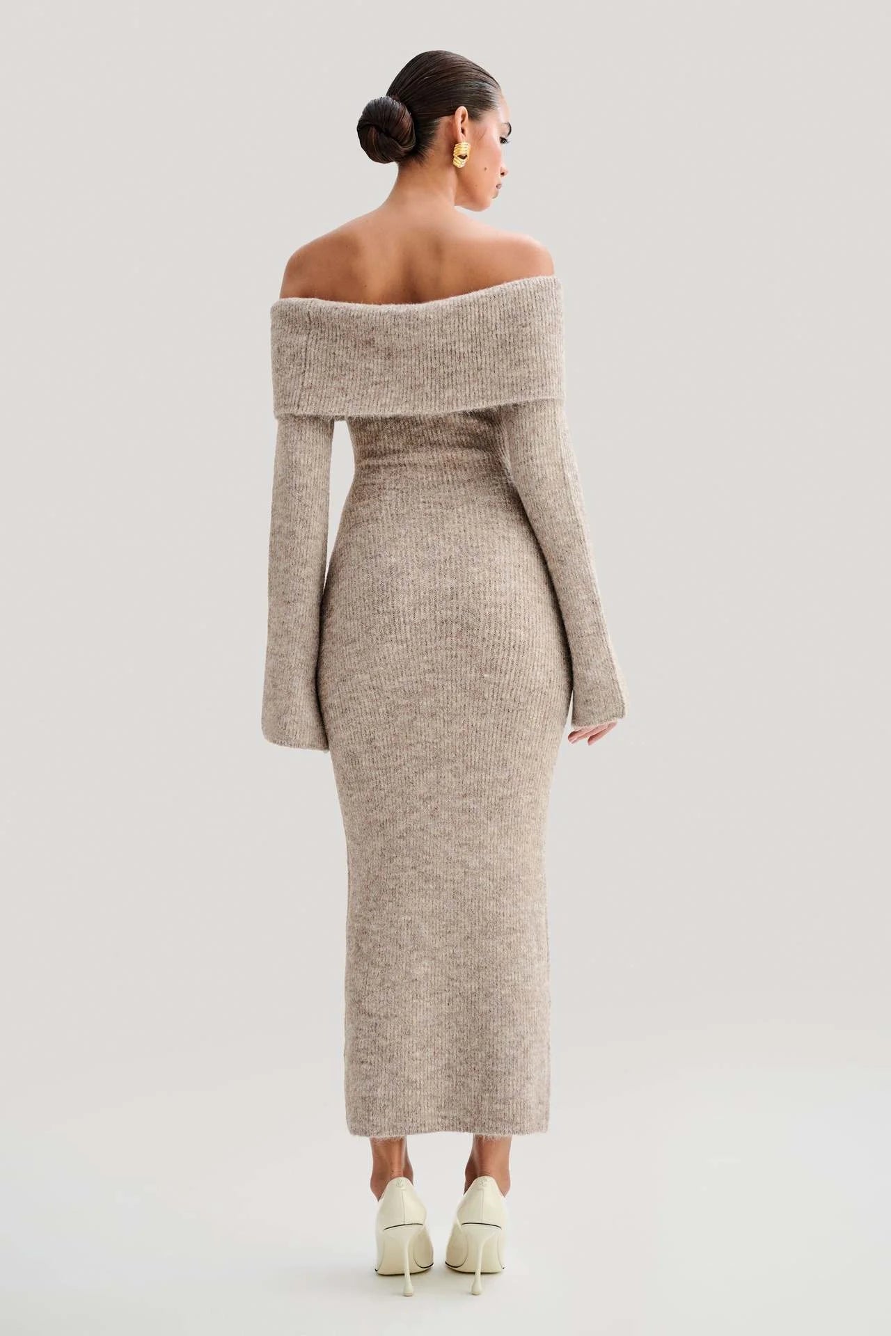 Fluffy Solid Knitted Off Shoulder Midi Dress Mssaz Desses