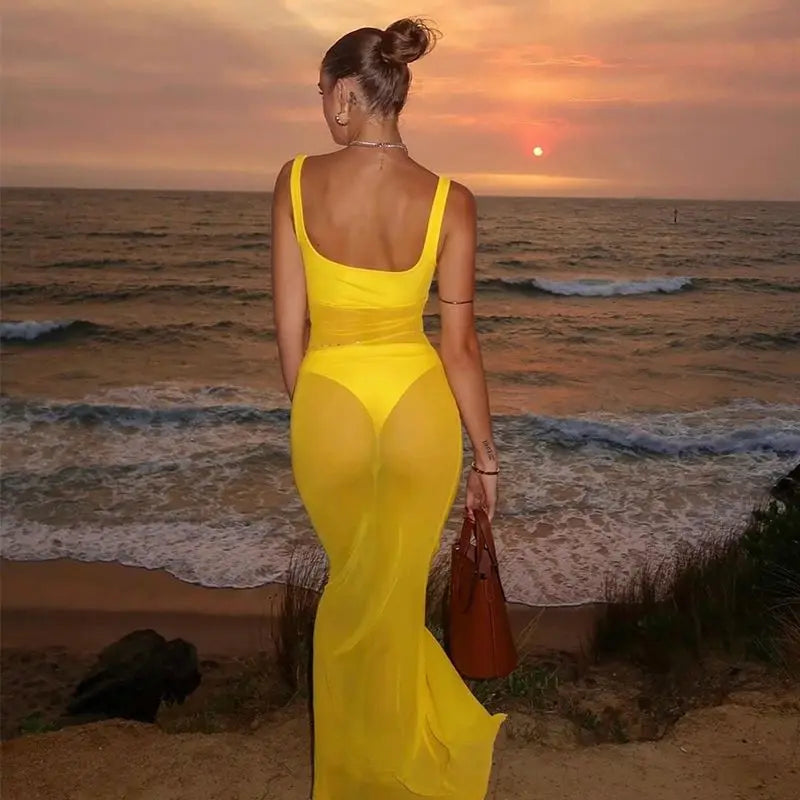 Mesh Square Neck Open Back Solid Long Dress Mssaz Desses