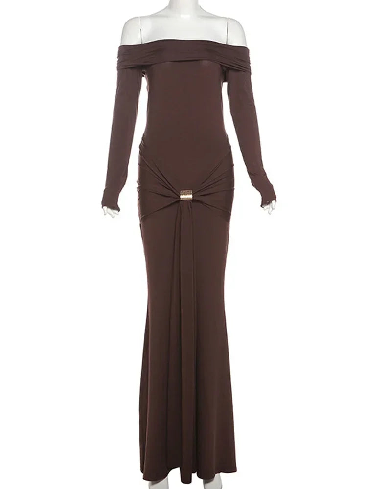 Off The Shoulder Pleated Full Sleeve Dress Mssaz Desses