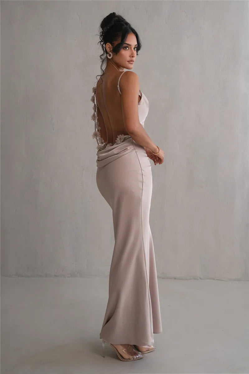 3D Flower Draped Open Back Maxi Dress Mssaz Desses