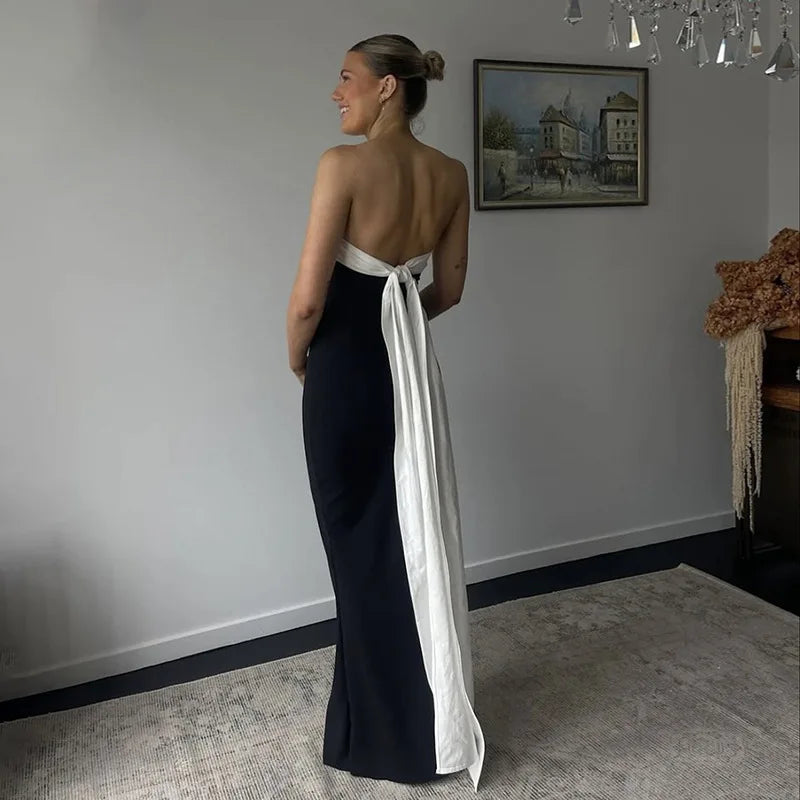 Bows Contrast Color Ribbon Long Dress Mssaz Desses