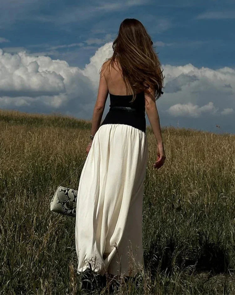 Contrast Patchwork Halter Backless Long Bodycon Dress Mssaz Desses