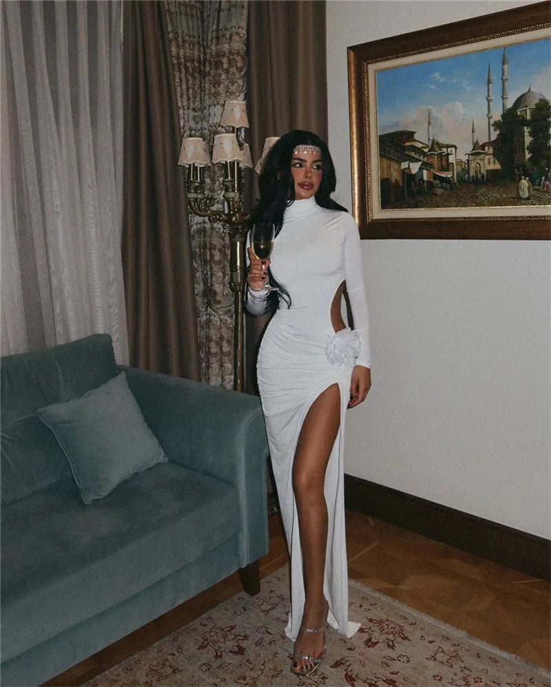 Turtleneck Hollow Out Thigh High Split Dress Mssaz Desses