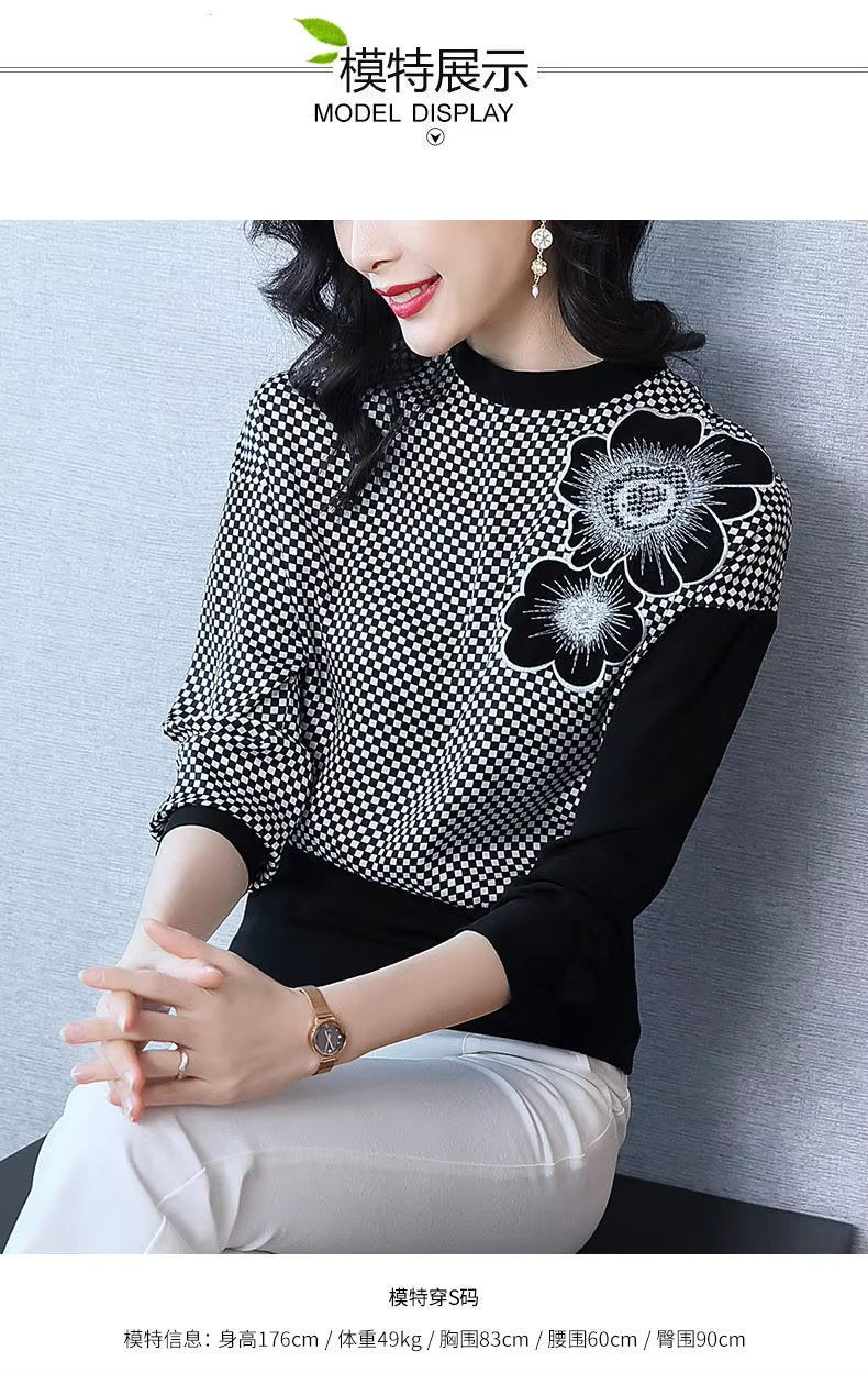 Elegant O-Neck Patchwork Embroidery Screw Thread Loose Casual Long Sleeve Top Mssza