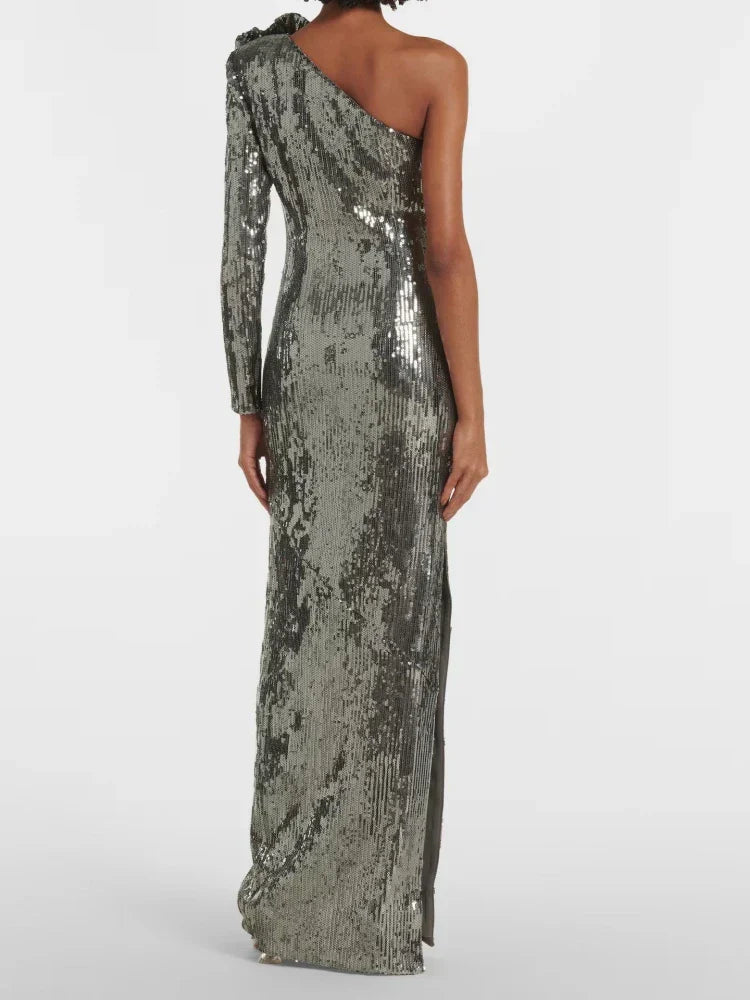 One Shoulder 3D Flower Sequin Dress Mssaz Desses