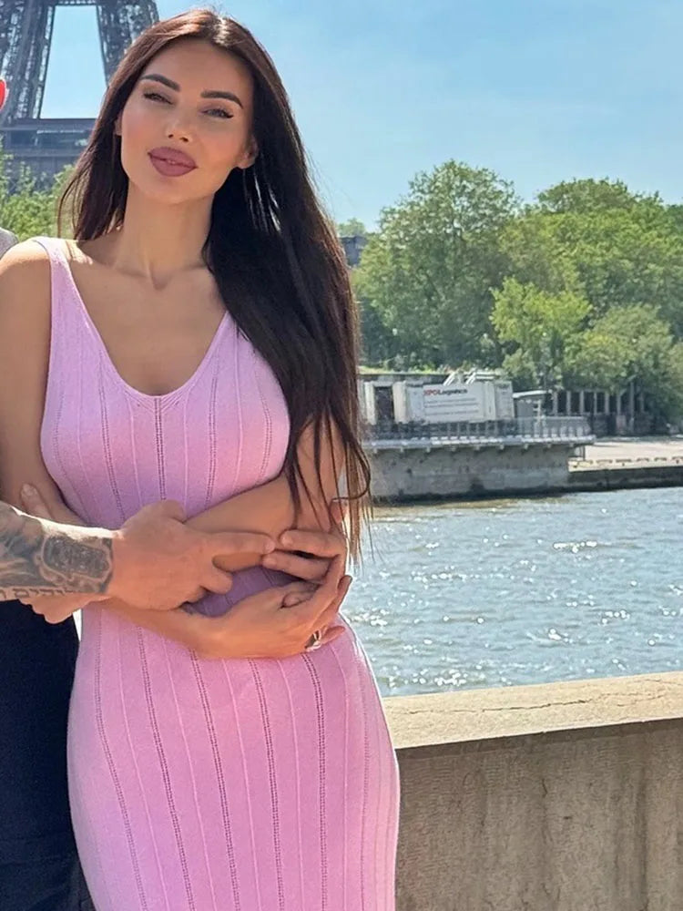 Knit Ribbed Hollow Out Open Back Solid Long Dress Mssaz Desses