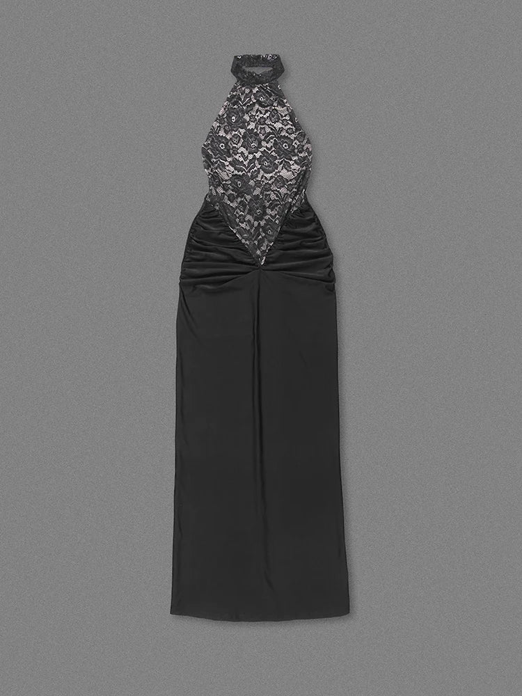 Halter Neck Lace Patchwork Black Maxi Dress Mssaz Desses