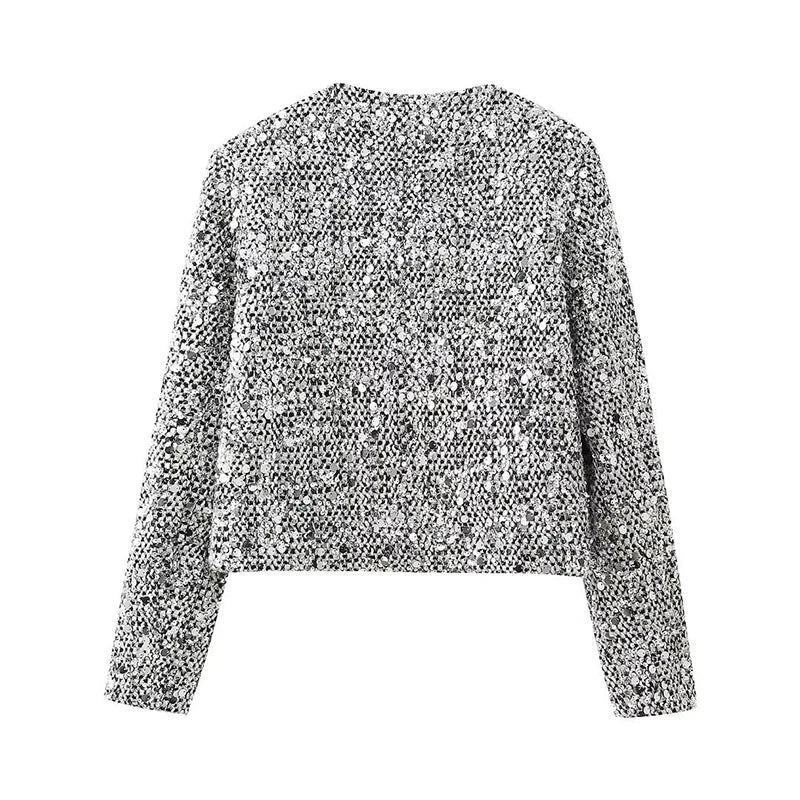 Silver Sequin Embellished Round Neck Short Coat Mssaz Desses