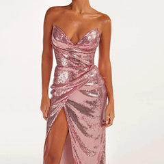 Sequined Strapless Slit Lace Up Ankle Length Dress Mssaz Desses