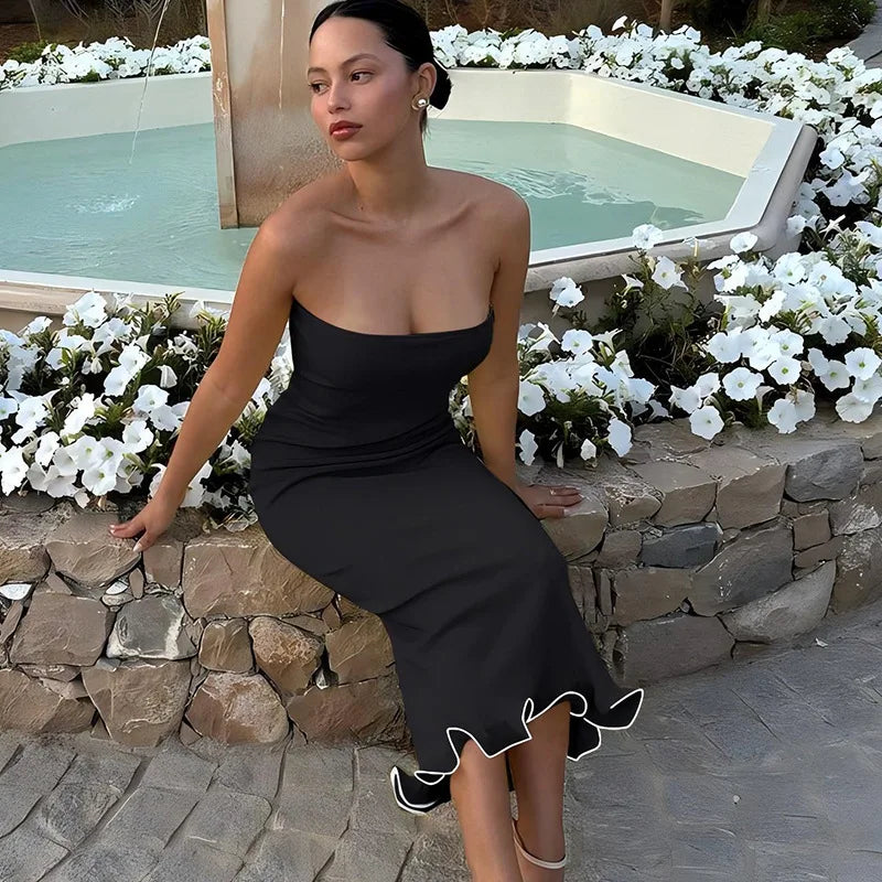 Frill Trim Tube Midi Dress Mssaz Desses