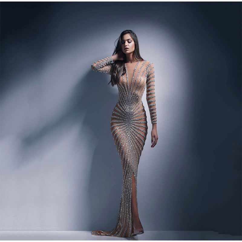 Mesh Sequins Split Fishtail V Neck Long Sleeve Maxi Dress Mssaz Desses