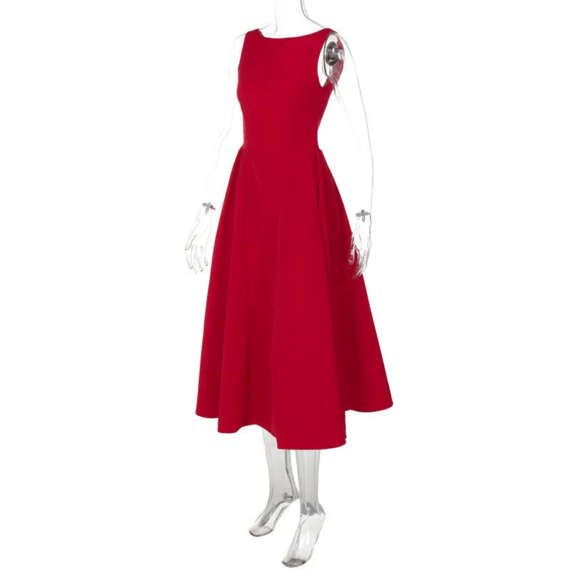 Straight Neck Sleeveless Flare Midi Dress Mssaz Desses