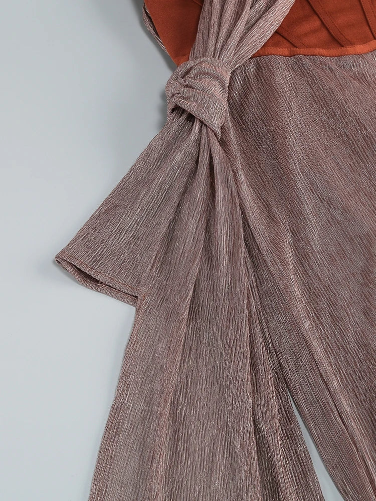 One Shoulder Draped Glitter Brown Maxi Dress Mssaz Desses