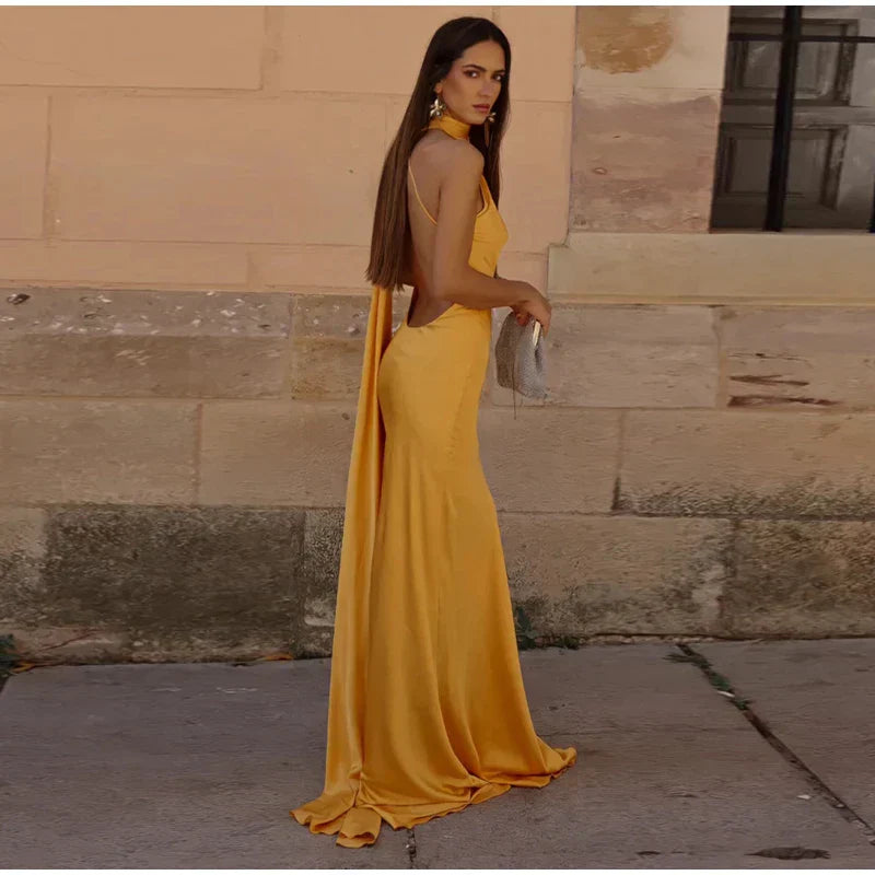 Yellow Satin Maxi Dress Mssaz Desses