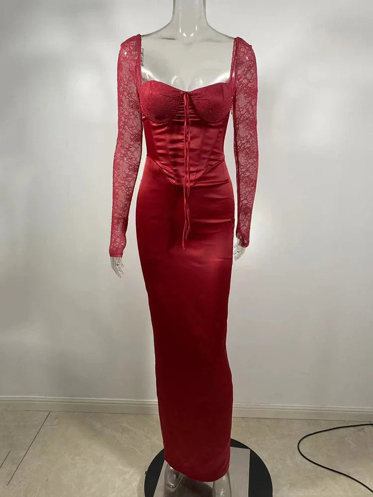 Square Collar Lace-Up Backless Long Sleeve Maxi Dress Mssaz Desses