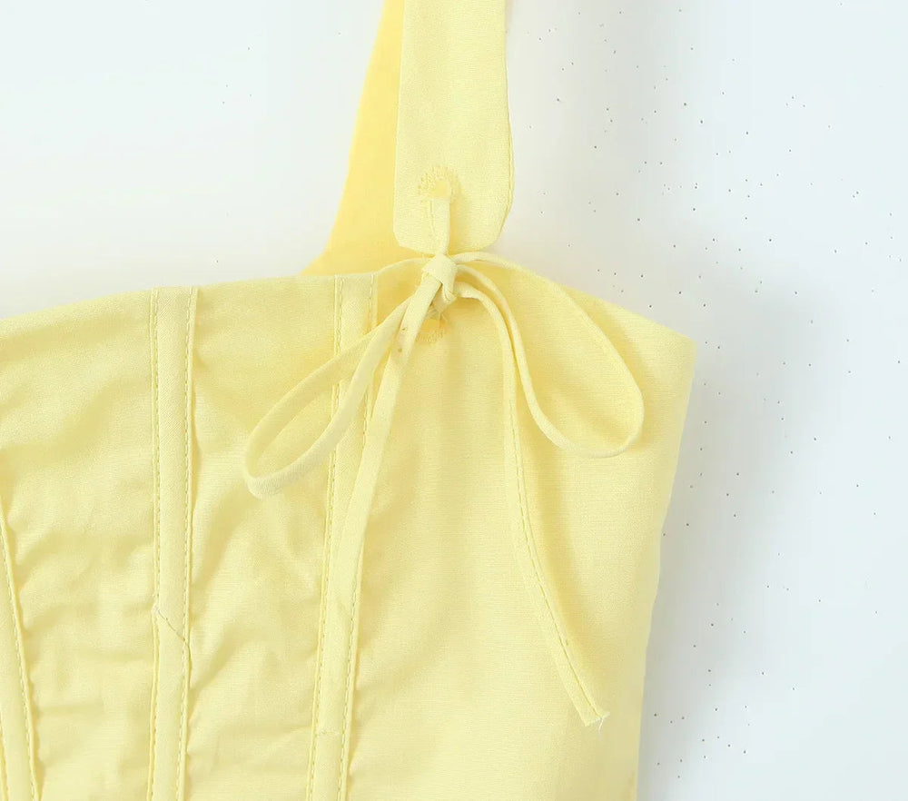 Yellow Slit Midi Dress and Cross Lacing up Top Set Mssaz Desses
