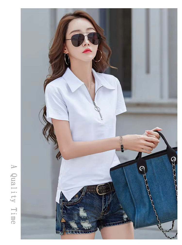 Elegant Style Zipper Neck Short Sleeve Polo Cotton  T Shirt Mssza