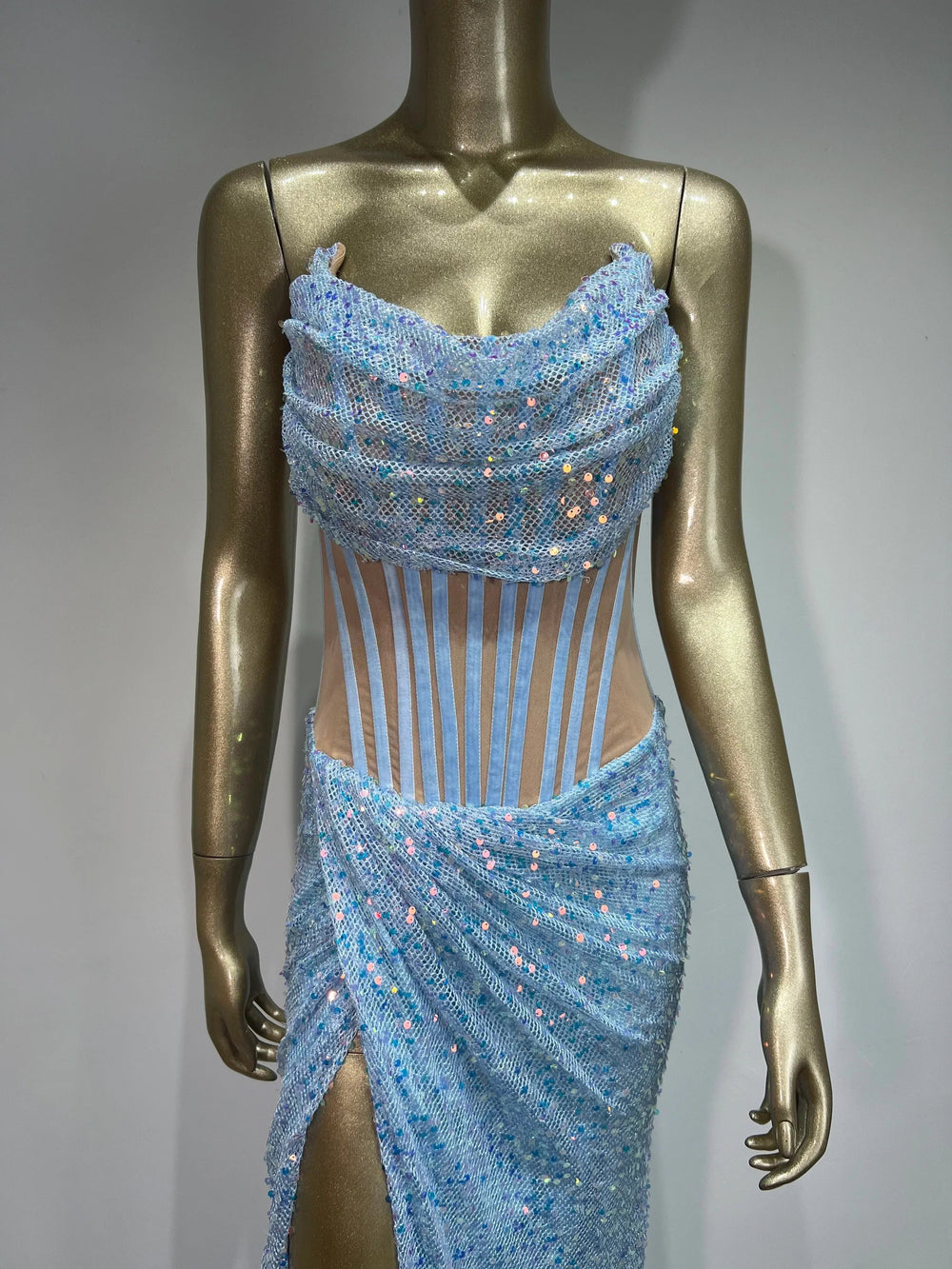 Strapless Mesh Sequins Ruffles Maxi Dress Mssaz Desses