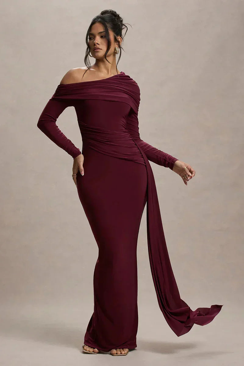 Skew Collar Long Sleeve Maxi Dress Mssaz Desses