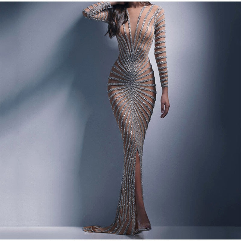 Mesh Sequins Split Fishtail V Neck Long Sleeve Maxi Dress Mssaz Desses