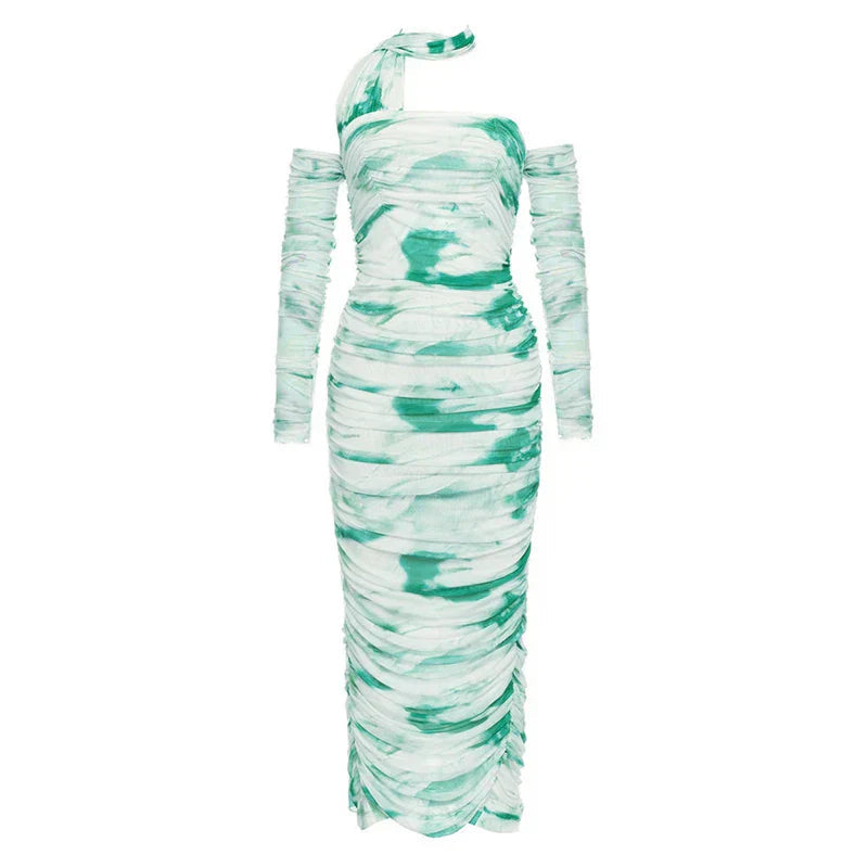 Halter Open Shoulder Printed Lace Fold Midi Dress Mssaz Desses