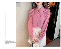 Beading Diamonds Korean Single-breasted  Elegant Lapel Shirt Mssza
