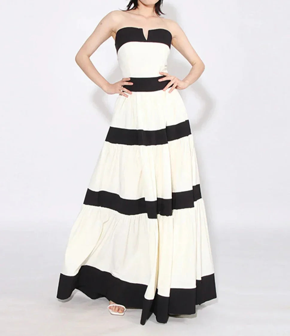 Colorblock Patchwork Bow Strapless Long Dress Mssaz Desses