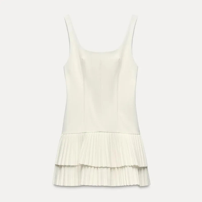 Square Collar Sleeveless Pleated Short Dress Mssaz Desses
