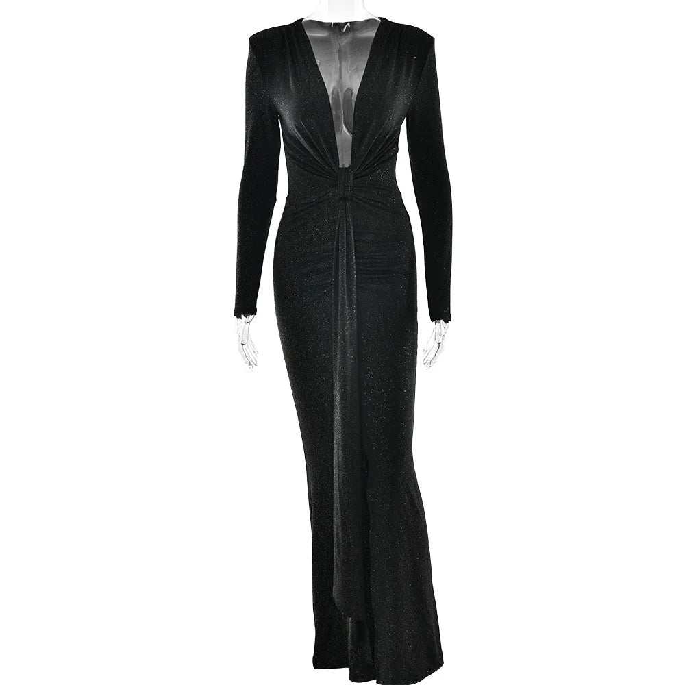 Elastic Deep V-Fold Lace Maxi Dress Mssaz Desses
