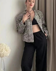 Silver Sequin Embellished Round Neck Short Coat Mssaz Desses