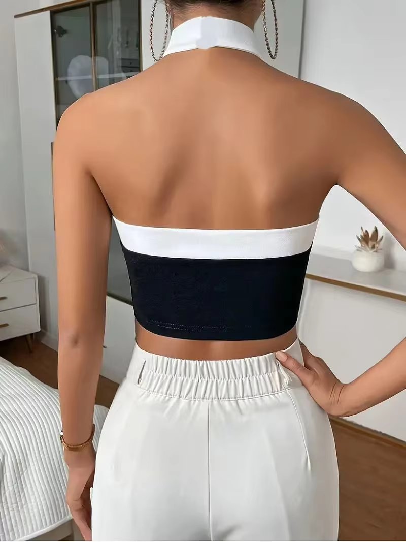 Contrast Trim Halter Neck Casual Backless Sleeveless Tank Top Mssza