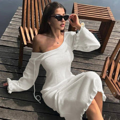 Flare Sleeve Open Back Lace Up Knitwear Long Dress Mssaz Desses