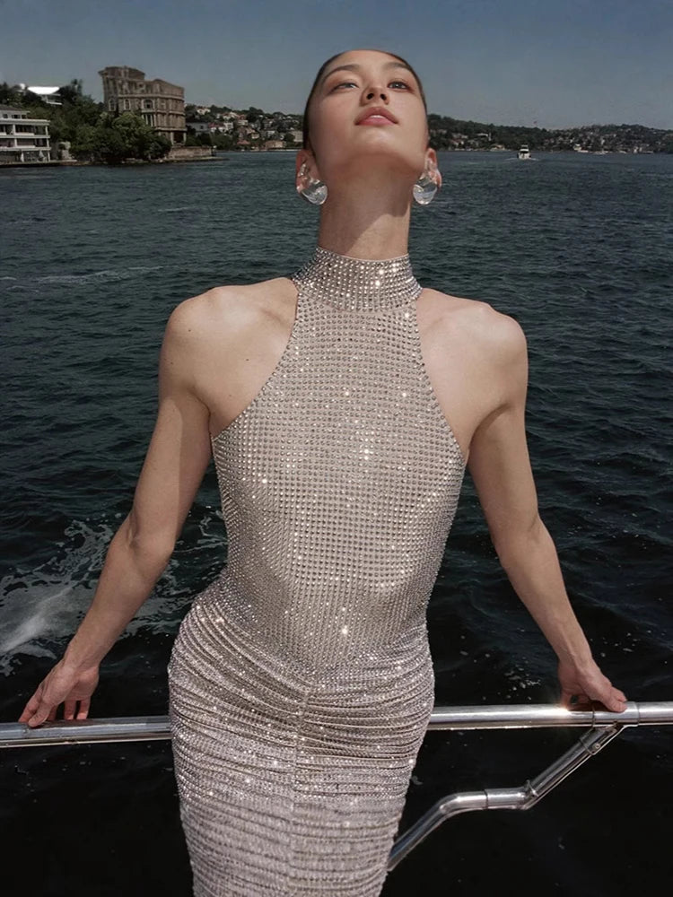 Halter Neck Backless Crystal Folds Long Dress Mssaz Desses