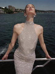 Halter Neck Backless Crystal Folds Long Dress Mssaz Desses