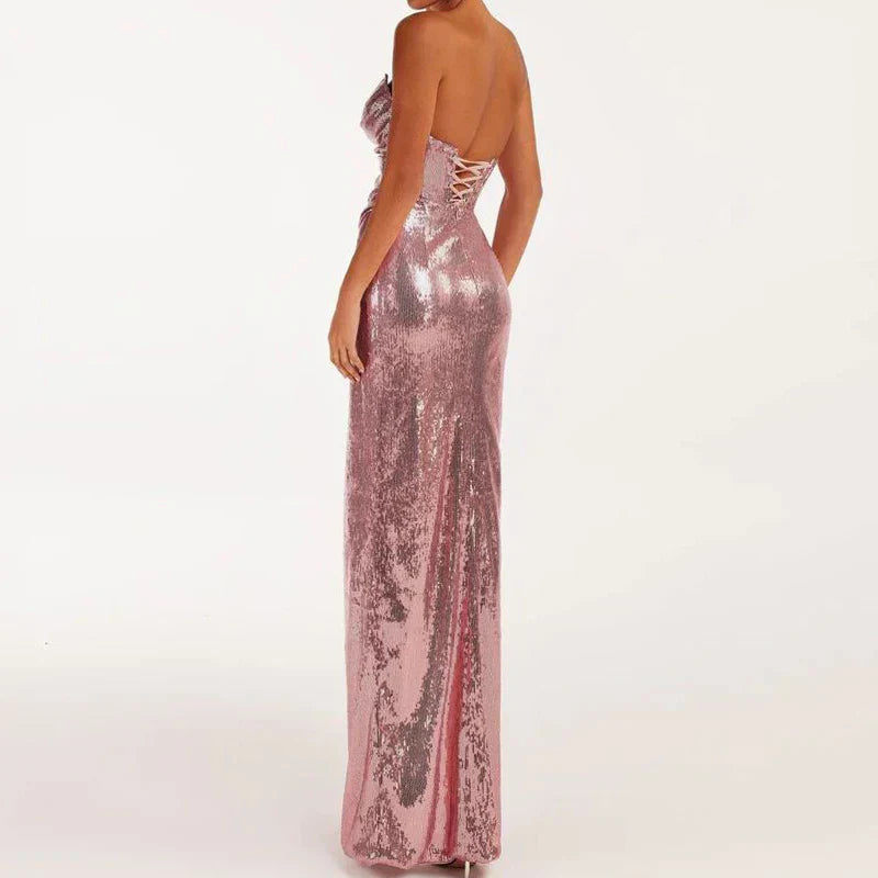Sequined Strapless Slit Lace Up Ankle Length Dress Mssaz Desses