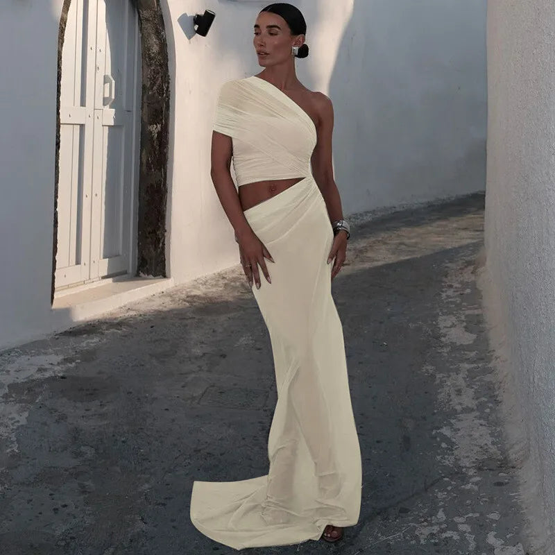 Mesh Backless One-Shoulder Long Dress Mssaz Desses