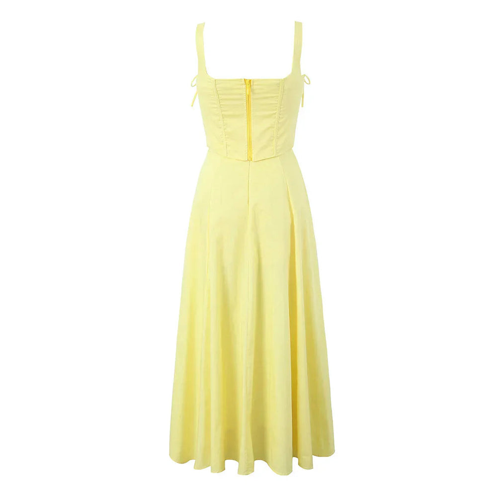Yellow Slit Midi Dress and Cross Lacing up Top Set Mssaz Desses