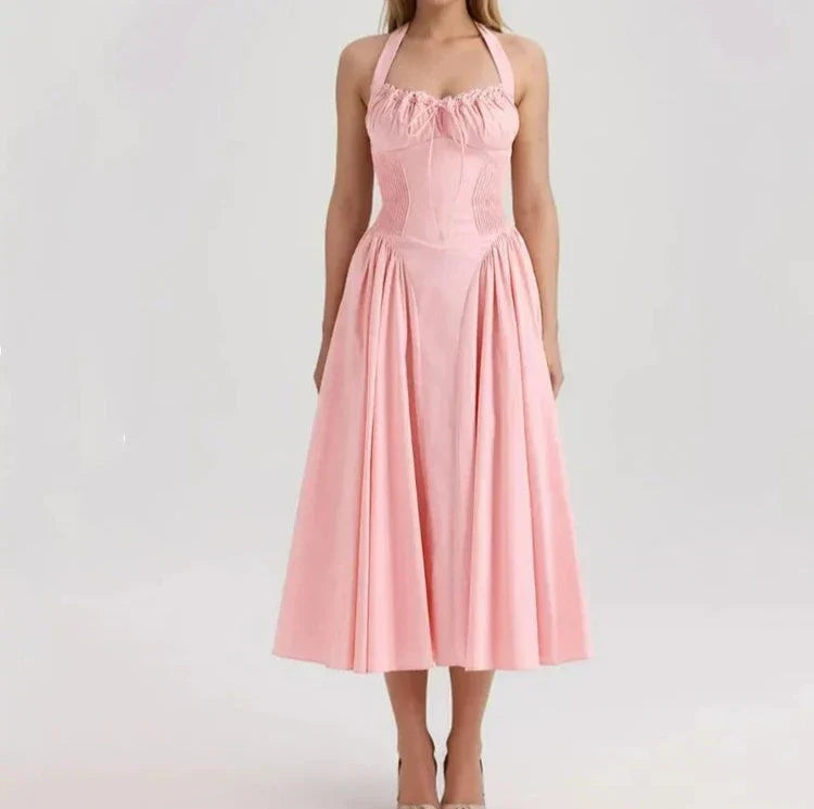 Corset Style Bow Halter Spliced Lace Midi Dress Mssaz Desses