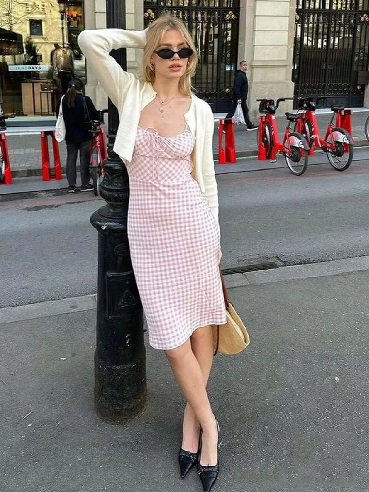 Spaghetti Strap Tie Up Plaid Pink Midi Dress Mssaz Desses