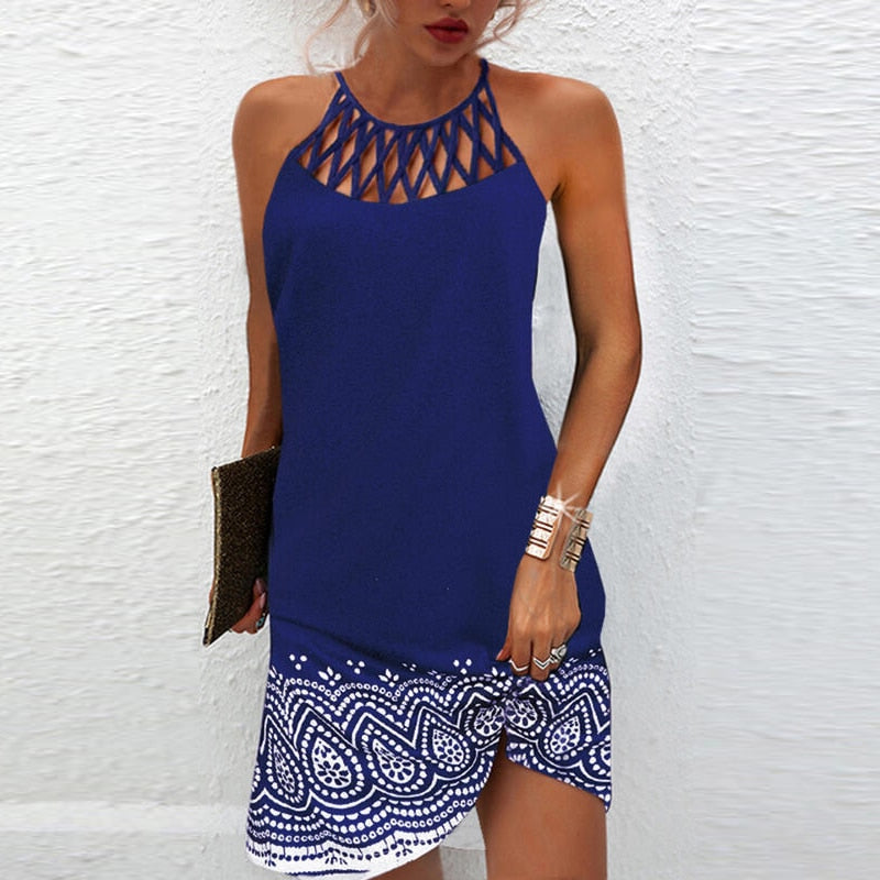 Beach Mini Dress  Sleeveless Hollow Elegant Boho Party Mssaz Desses