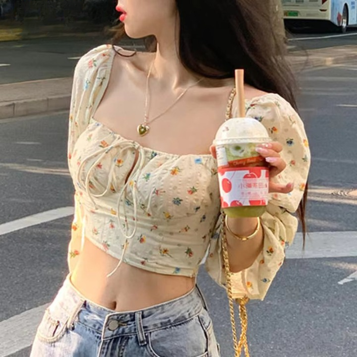 Vintage Floral Printed Flare Sleeve Square Collar Lacing Casual Shirt Mssza