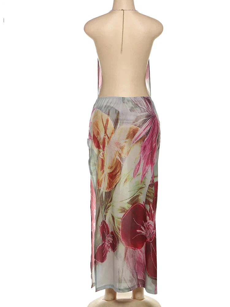 Floral Print Backless Halter Dress with Split for Women Mssaz Desses