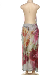 Floral Print Backless Halter Dress with Split for Women Mssaz Desses