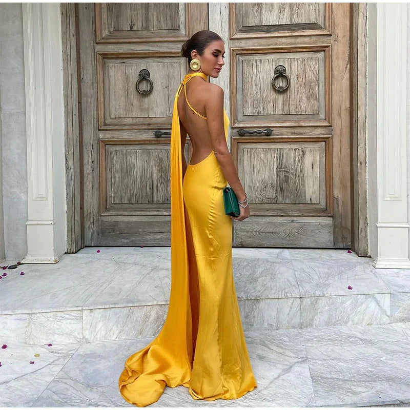 Yellow Satin Maxi Dress Mssaz Desses