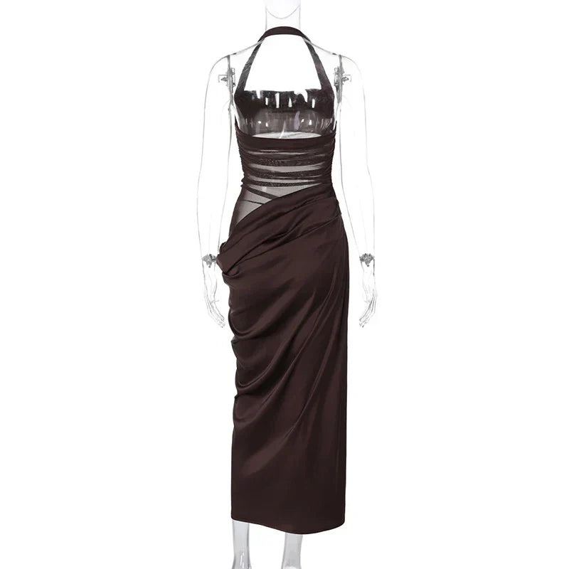 Mesh Patchwork Backless Halter Bodycon Gown Mssaz Desses